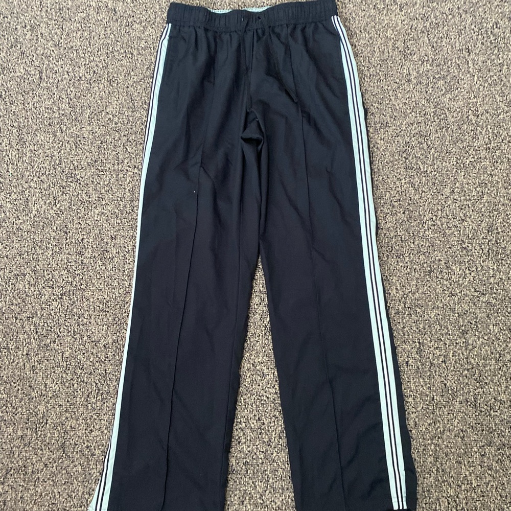 SJB active Women’s Warm up swishy Pants black teal white stripe trim sweatpants